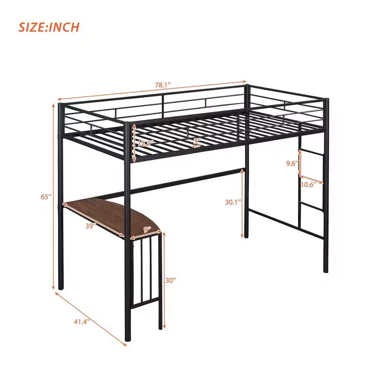 Lit mezzanine simple en métal avec bureau intégré, échelle et barrières de sécurité – 198,4 cm L, à partir de 6 ans