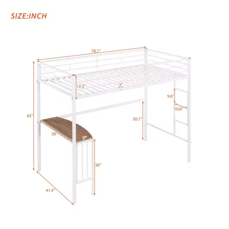 Lit mezzanine simple en métal avec bureau intégré, échelle et barrières de sécurité – 198,4 cm L, à partir de 6 ans