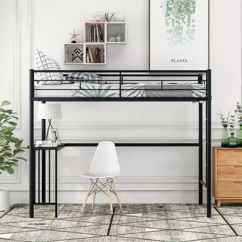Lit mezzanine simple en métal avec bureau intégré, échelle et barrières de sécurité – 198,4 cm L, à partir de 6 ans