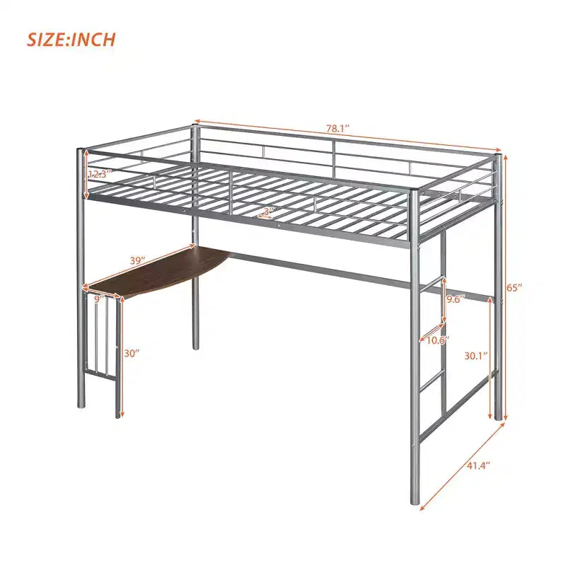 Lit mezzanine simple en métal avec bureau intégré, échelle et barrières de sécurité – 198,4 cm L, à partir de 6 ans