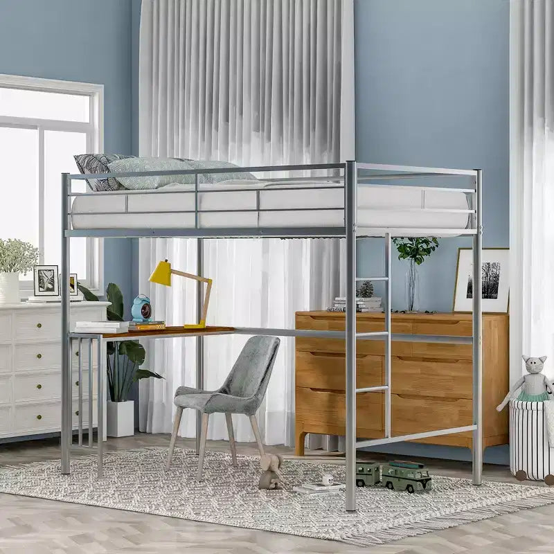 Lit mezzanine simple en métal avec bureau intégré, échelle et barrières de sécurité – 198,4 cm L, à partir de 6 ans