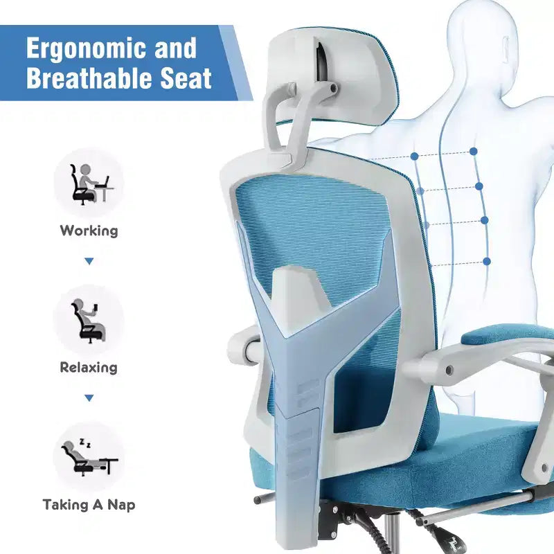 Fauteuil de jeu ergonomique en maille avec repose-pieds – Inclinaison de 90 à 135°, soutien lombaire, capacité de 136 kg