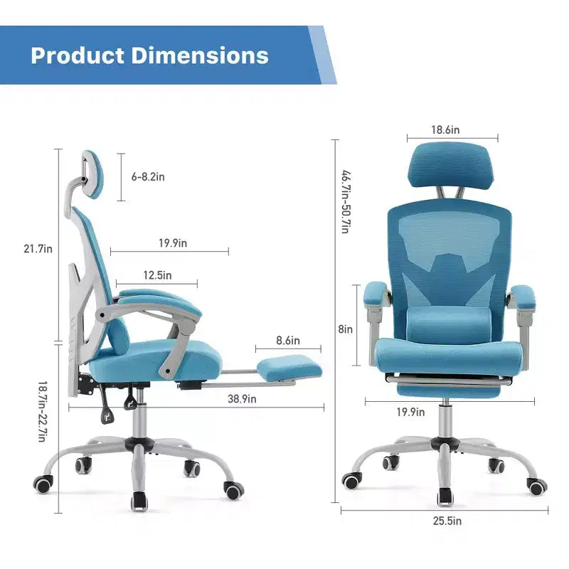 Fauteuil de jeu ergonomique en maille avec repose-pieds – Inclinaison de 90 à 135°, soutien lombaire, capacité de 136 kg