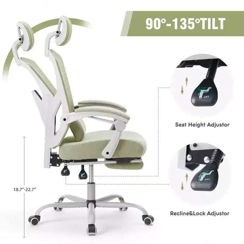 Fauteuil de jeu ergonomique en maille avec repose-pieds – Inclinaison de 90 à 135°, soutien lombaire, capacité de 136 kg