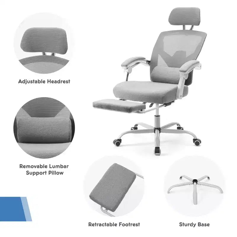 Fauteuil de jeu ergonomique en maille avec repose-pieds – Inclinaison de 90 à 135°, soutien lombaire, capacité de 136 kg