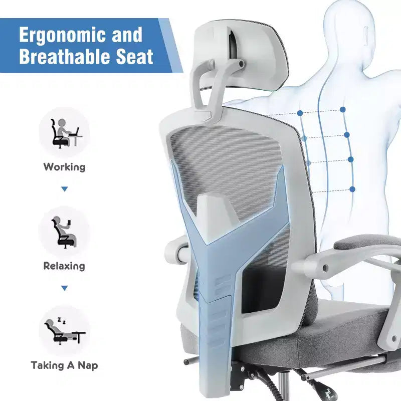 Fauteuil de jeu ergonomique en maille avec repose-pieds – Inclinaison de 90 à 135°, soutien lombaire, capacité de 136 kg