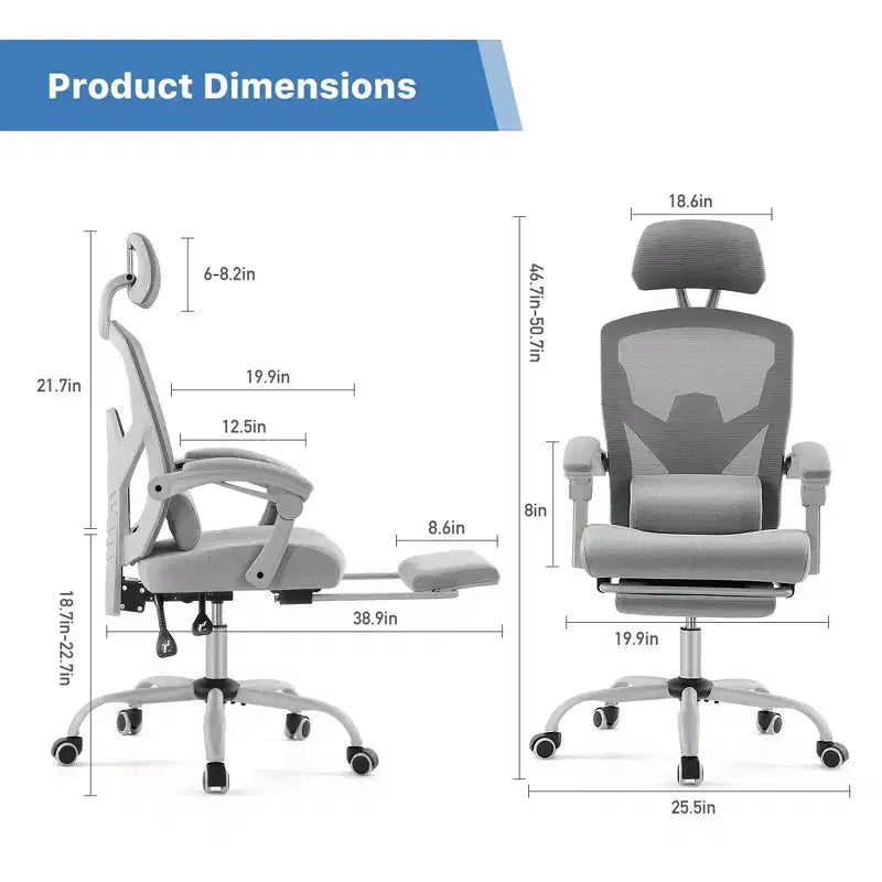 Fauteuil de jeu ergonomique en maille avec repose-pieds – Inclinaison de 90 à 135°, soutien lombaire, capacité de 136 kg