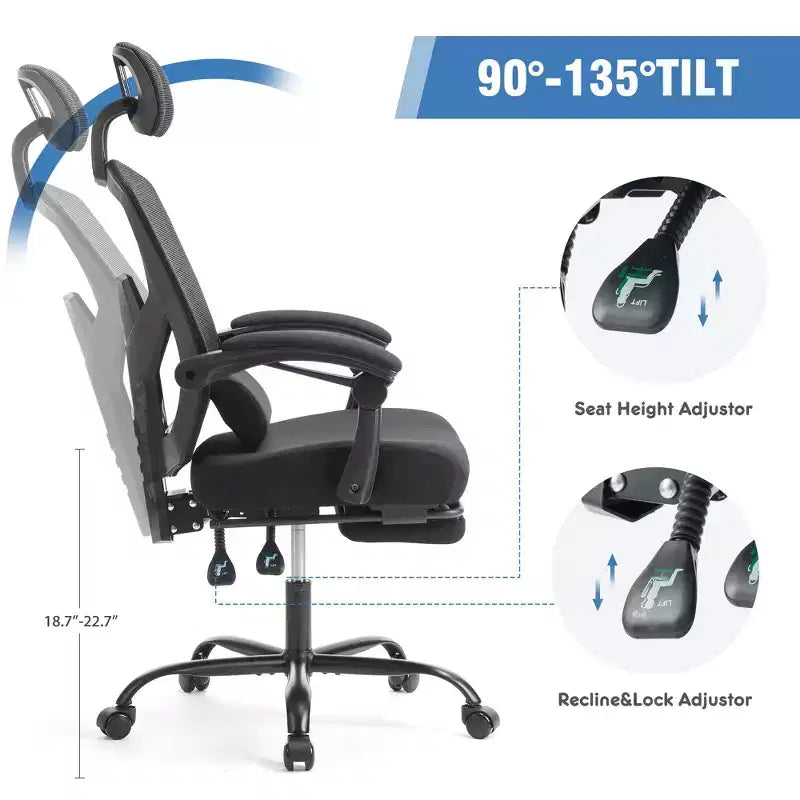 Fauteuil de jeu ergonomique en maille avec repose-pieds – Inclinaison de 90 à 135°, soutien lombaire, capacité de 136 kg
