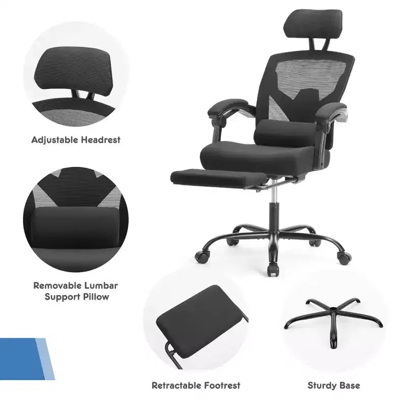Fauteuil de jeu ergonomique en maille avec repose-pieds – Inclinaison de 90 à 135°, soutien lombaire, capacité de 136 kg