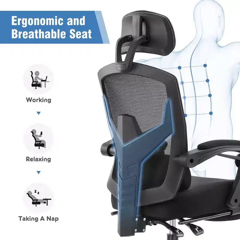 Fauteuil de jeu ergonomique en maille avec repose-pieds – Inclinaison de 90 à 135°, soutien lombaire, capacité de 136 kg