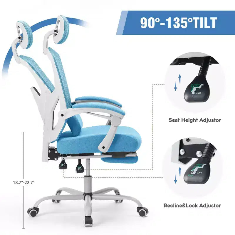 Fauteuil de jeu ergonomique en maille avec repose-pieds – Inclinaison de 90 à 135°, soutien lombaire, capacité de 136 kg