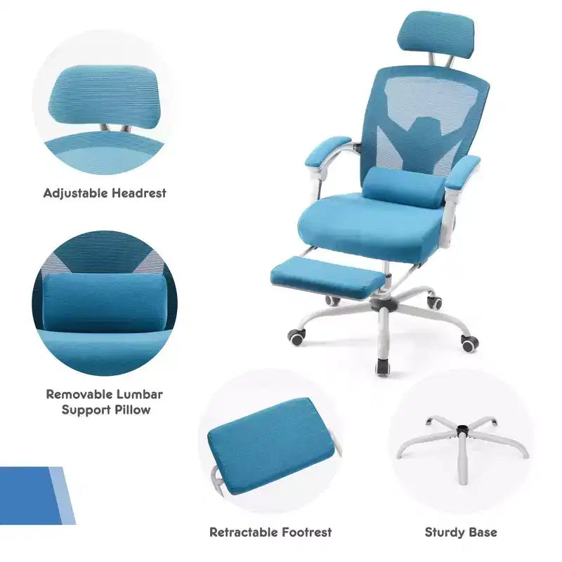 Fauteuil de jeu ergonomique en maille avec repose-pieds – Inclinaison de 90 à 135°, soutien lombaire, capacité de 136 kg
