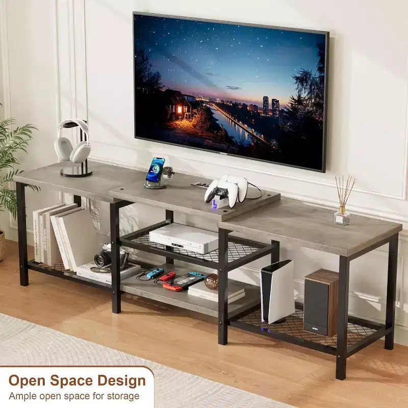 Meuble TV industriel de 170 cm, étagères de rangement ouvertes, meuble console en bois avec cadre métallique, table console média moderne, pour salon