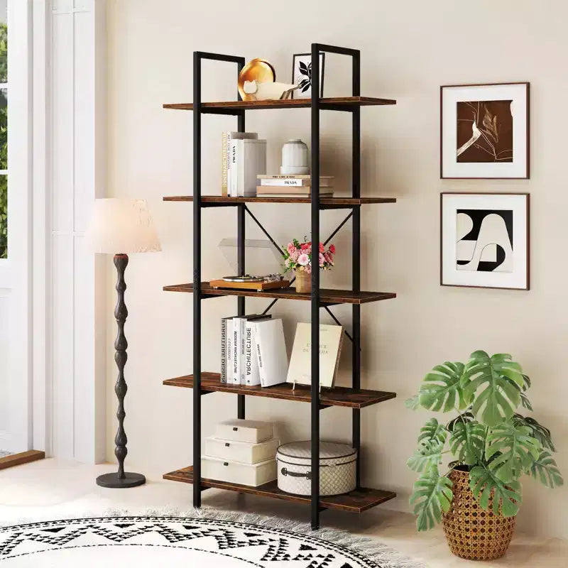 Étagère bibliothèque industrielle vintage à 5 niveaux de 157,5 cm de hauteur – Étagères ouvertes, cadre en métal, capacité de 100 kg
