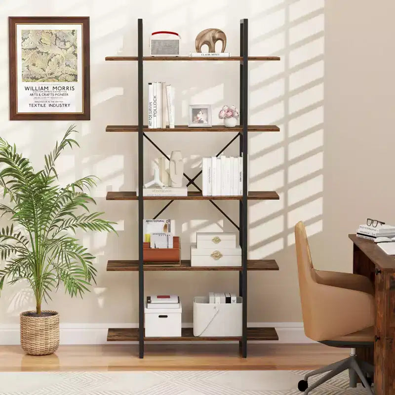 62" Tall 5-Tier Vintage Industrial Bookshelf – Open Shelves, Metal Frame, 220 lb Capacity