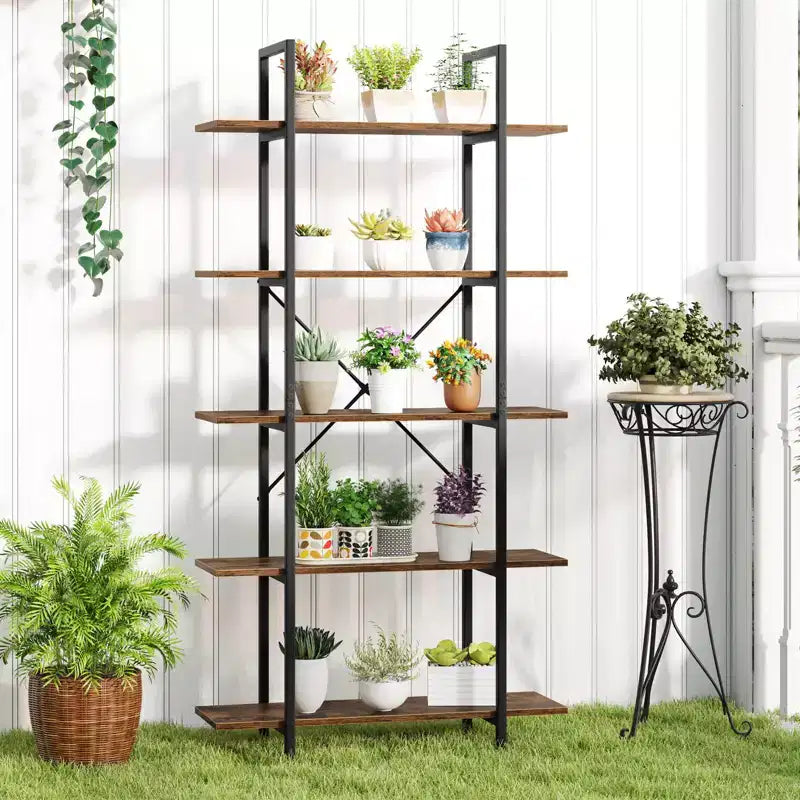 Étagère bibliothèque industrielle vintage à 5 niveaux de 157,5 cm de hauteur – Étagères ouvertes, cadre en métal, capacité de 100 kg