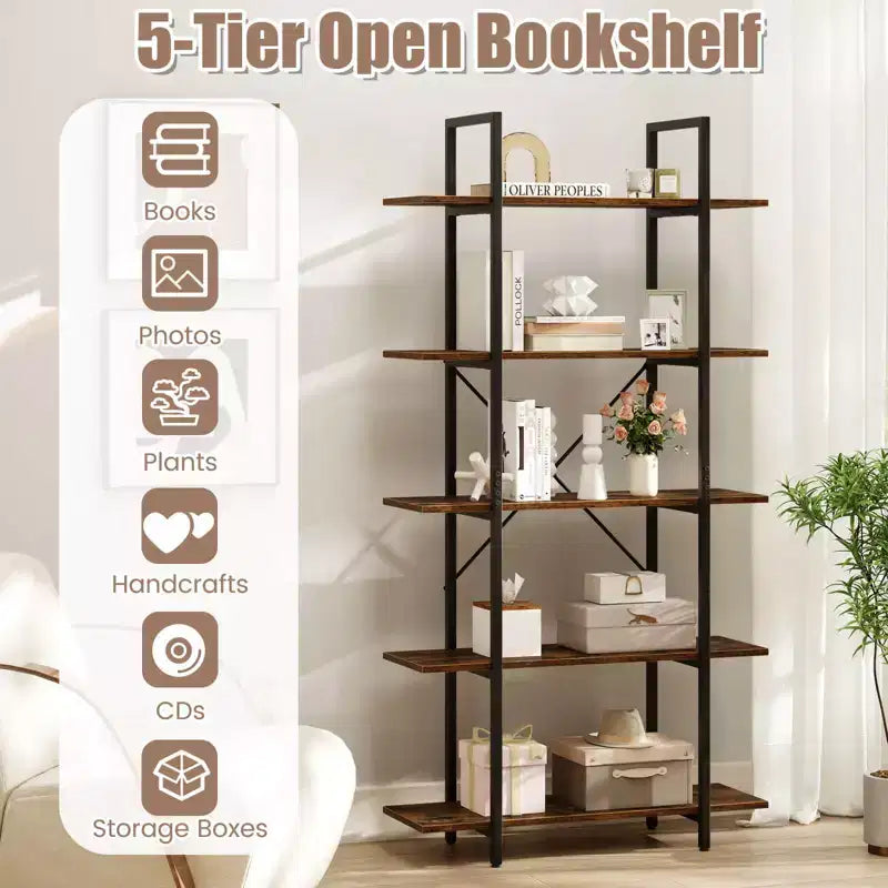 Étagère bibliothèque industrielle vintage à 5 niveaux de 157,5 cm de hauteur – Étagères ouvertes, cadre en métal, capacité de 100 kg