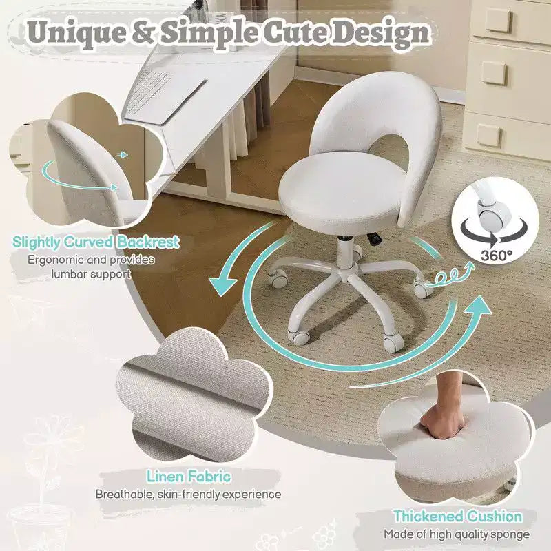 Fauteuil de bureau pivotant rembourré – Coton et lin jaune clair, réglable en hauteur, capacité de 136 kg