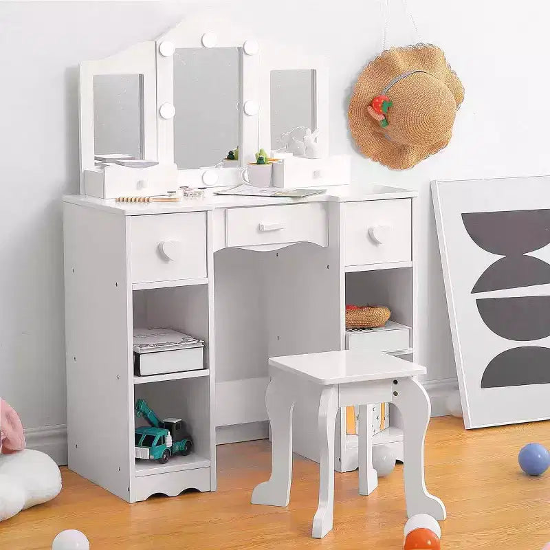 Table de toilette 2-en-1 pour filles avec miroir triptyque et lumière - Coiffeuse de princesse en bois avec tabouret et tiroir pour jeu d'imitation