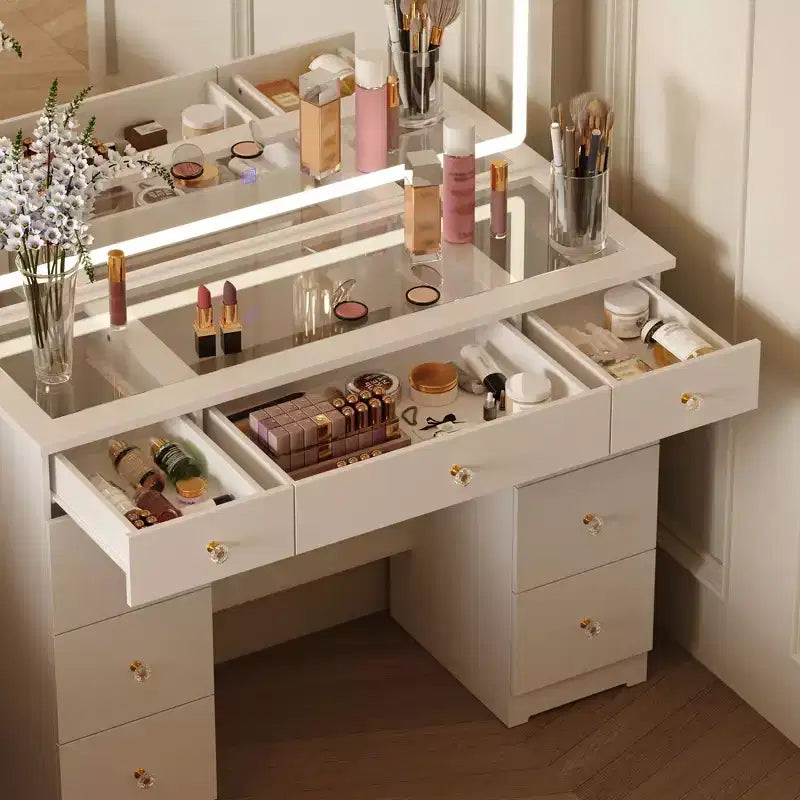 Élégante coiffeuse blanche avec grand miroir LED, plateau en verre et tiroirs multiples – H 140 cm