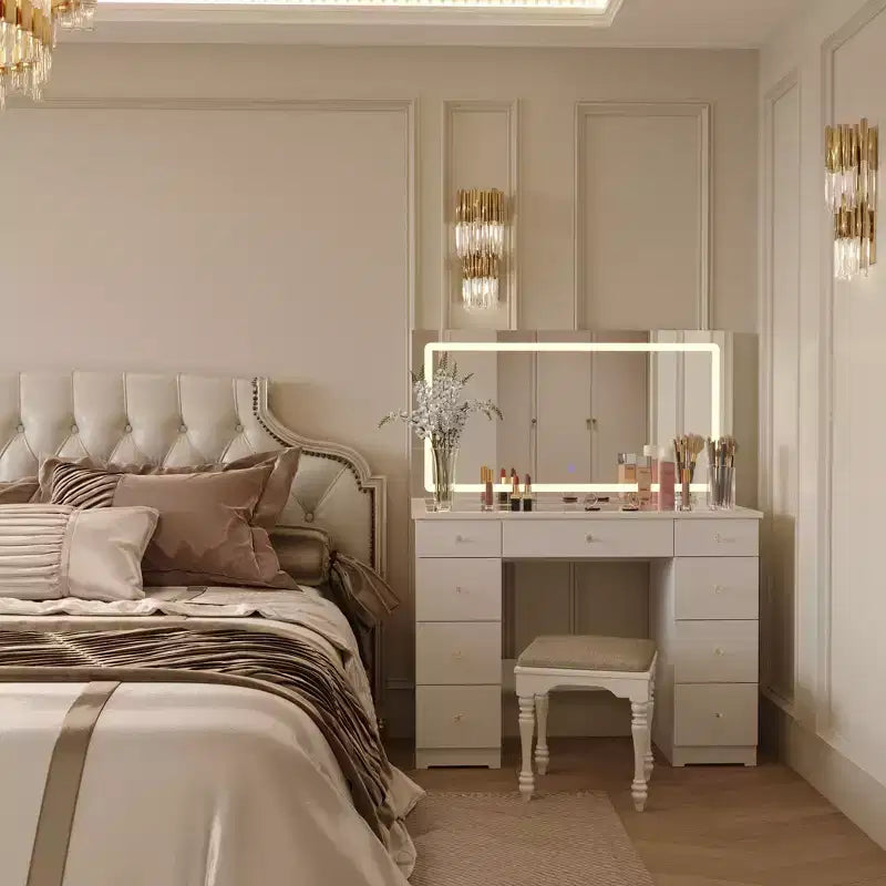 Élégante coiffeuse blanche avec grand miroir LED, plateau en verre et tiroirs multiples – H 140 cm