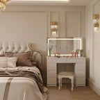 Élégante coiffeuse blanche avec grand miroir LED, plateau en verre et tiroirs multiples – H 140 cm