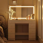 Élégante coiffeuse blanche avec grand miroir LED, plateau en verre et tiroirs multiples – H 140 cm