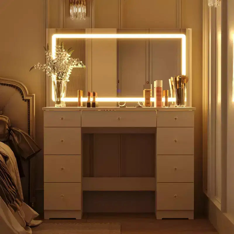 Élégante coiffeuse blanche avec grand miroir LED, plateau en verre et tiroirs multiples – H 140 cm