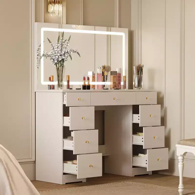 Élégante coiffeuse blanche avec grand miroir LED, plateau en verre et tiroirs multiples – H 140 cm
