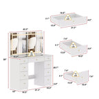 Élégante coiffeuse blanche avec grand miroir LED, plateau en verre et tiroirs multiples – H 140 cm