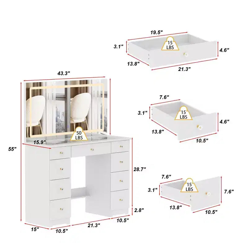 Élégante coiffeuse blanche avec grand miroir LED, plateau en verre et tiroirs multiples – H 140 cm