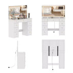 Élégante coiffeuse blanche avec grand miroir LED, plateau en verre et tiroirs multiples – H 140 cm