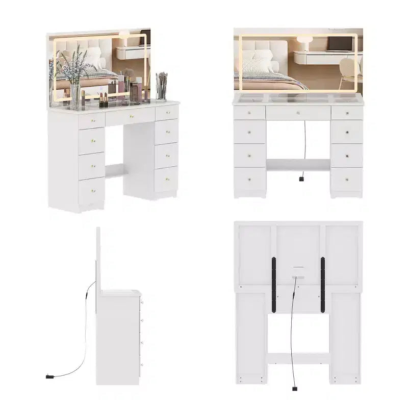 Élégante coiffeuse blanche avec grand miroir LED, plateau en verre et tiroirs multiples – H 140 cm