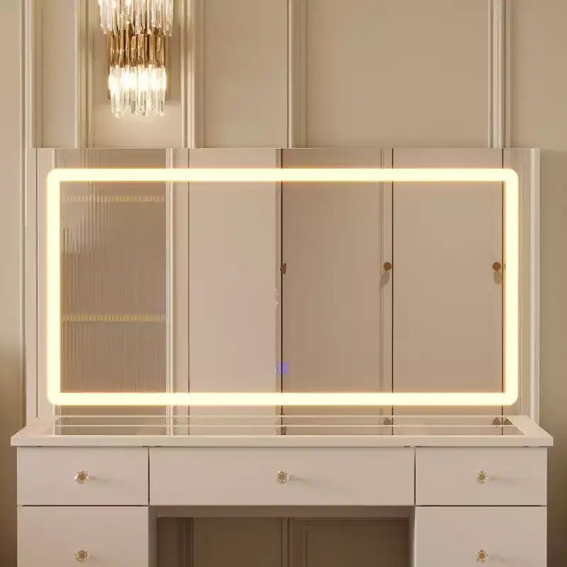 Élégante coiffeuse blanche avec grand miroir LED, plateau en verre et tiroirs multiples – H 140 cm