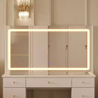 Élégante coiffeuse blanche avec grand miroir LED, plateau en verre et tiroirs multiples – H 140 cm