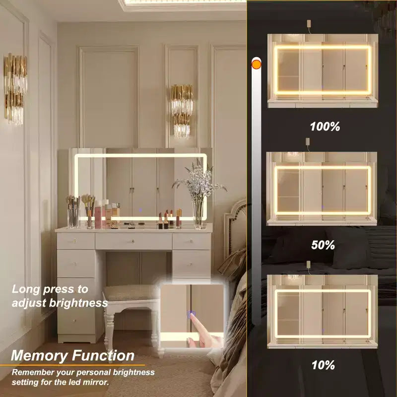Élégante coiffeuse blanche avec grand miroir LED, plateau en verre et tiroirs multiples – H 140 cm