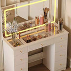 Élégante coiffeuse blanche avec grand miroir LED, plateau en verre et tiroirs multiples – H 140 cm