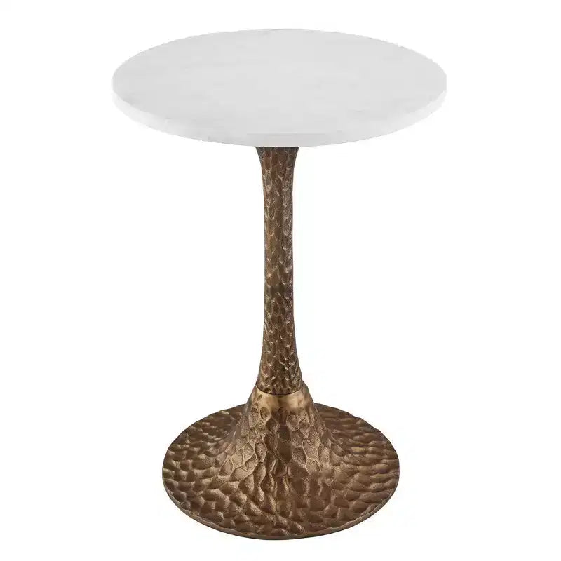 Table d'appoint ronde en marbre blanc – Piétement en aluminium coulé martelé, hauteur 52 cm