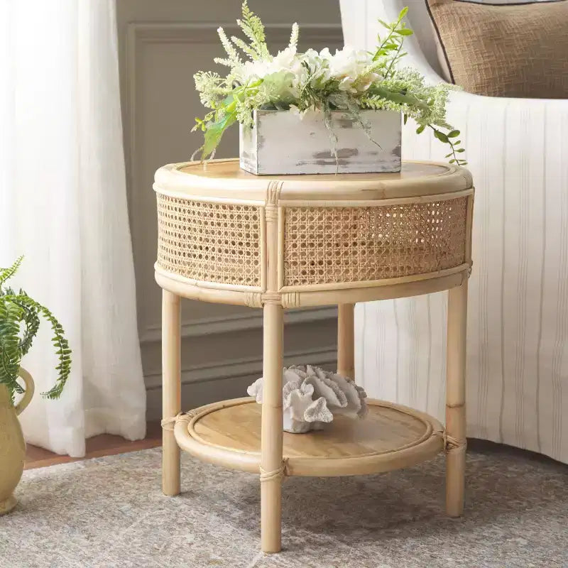 Table d'appoint ronde en rotin et bois de manguier – Style côtier naturel, 50 cm de large, aucun assemblage requis