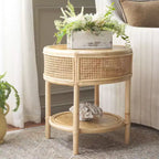 Table d'appoint ronde en rotin et bois de manguier – Style côtier naturel, 50 cm de large, aucun assemblage requis