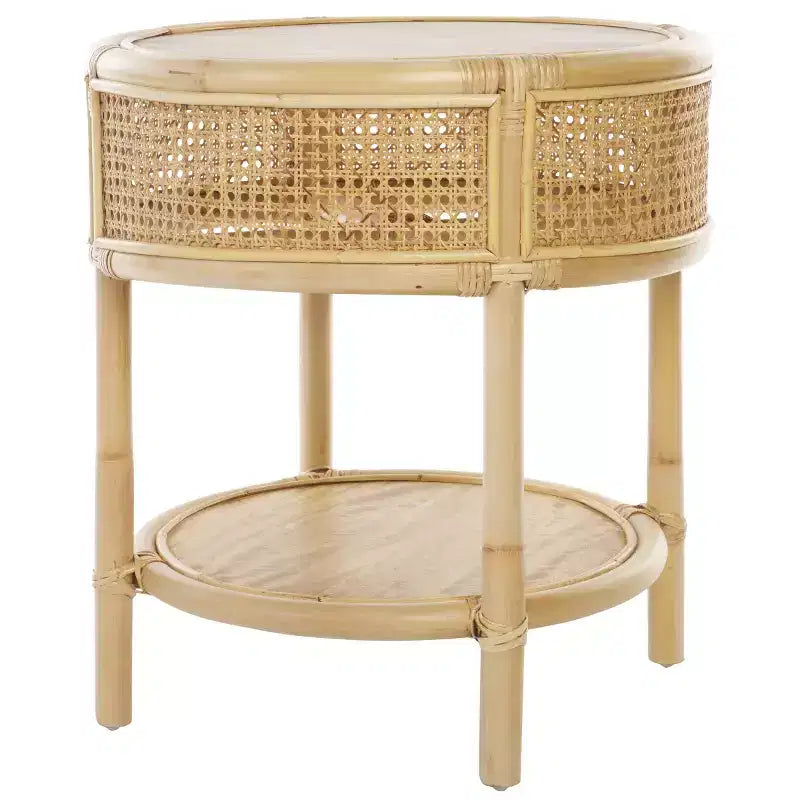 Table d'appoint ronde en rotin et bois de manguier – Style côtier naturel, 50 cm de large, aucun assemblage requis