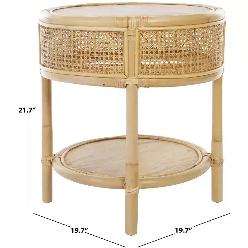 Table d'appoint ronde en rotin et bois de manguier – Style côtier naturel, 50 cm de large, aucun assemblage requis