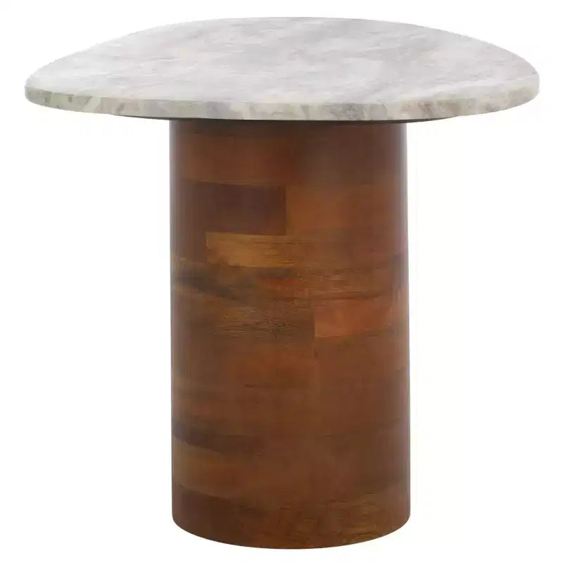Table d'appoint en manguier avec plateau en marbre – Blanc cassé et marron, accent d'intérieur contemporain, 55,1 cm L
