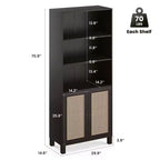 Bibliothèque haute à 5 étagères avec portes en rotin – Blanc, 180 cm H, pour bureau et chambre à coucher