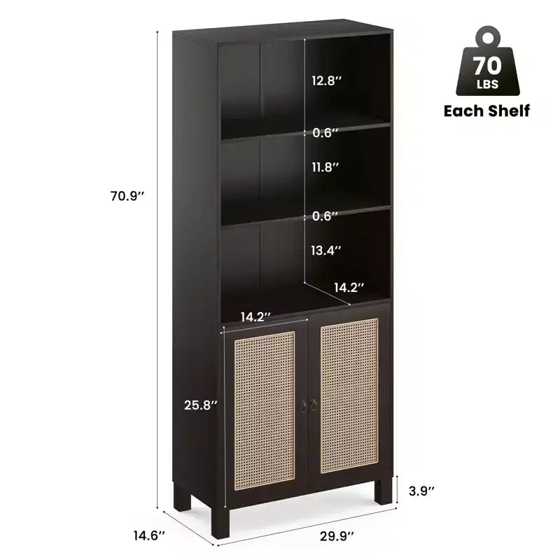Bibliothèque haute à 5 étagères avec portes en rotin – Blanc, 180 cm H, pour bureau et chambre à coucher