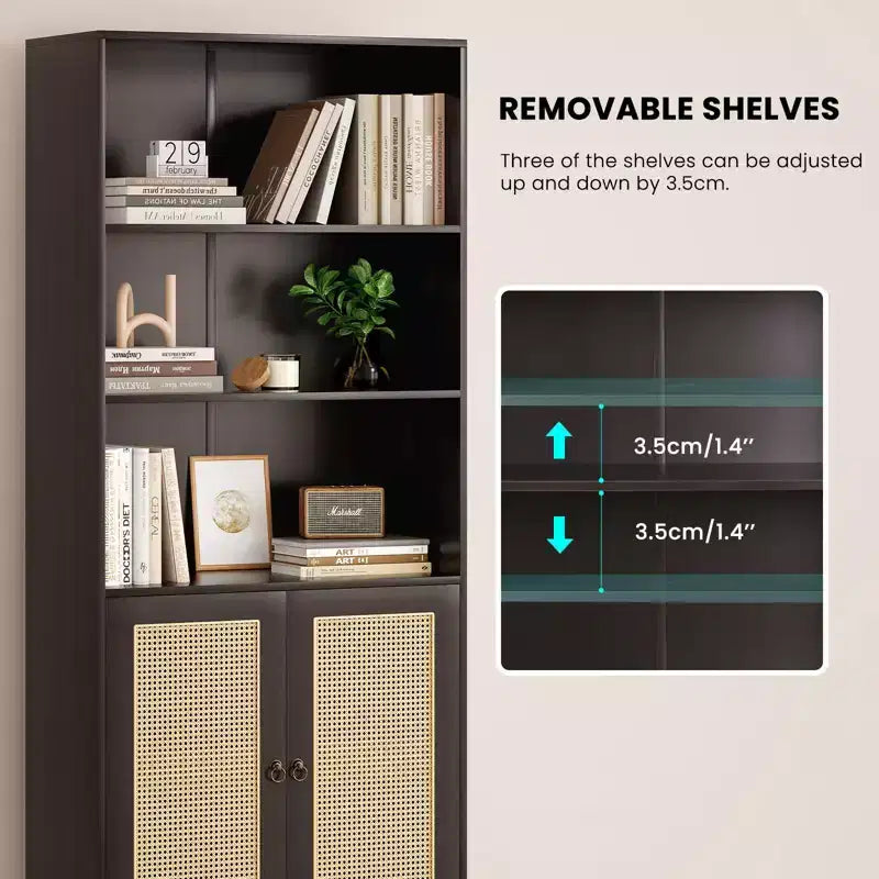 Bibliothèque haute à 5 étagères avec portes en rotin – Blanc, 180 cm H, pour bureau et chambre à coucher