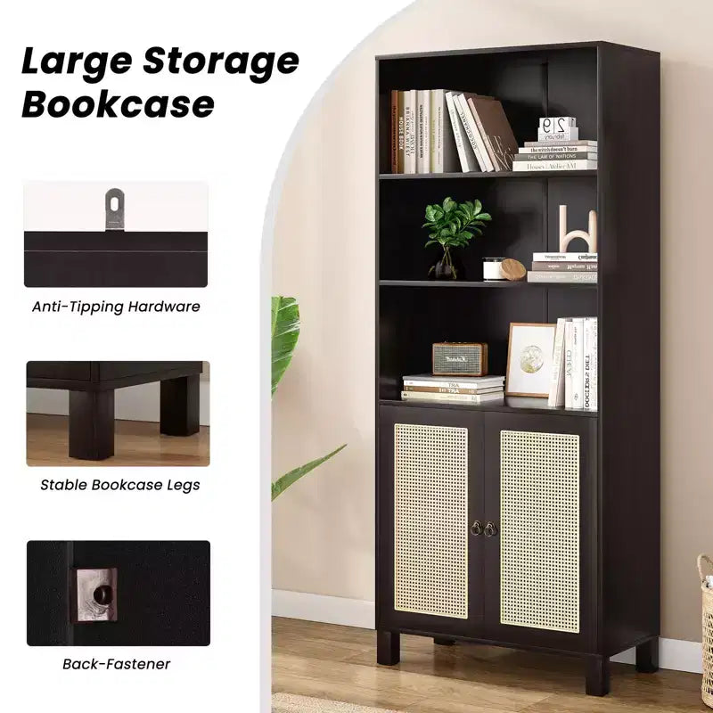 Bibliothèque haute à 5 étagères avec portes en rotin – Blanc, 180 cm H, pour bureau et chambre à coucher