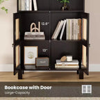 Bibliothèque haute à 5 étagères avec portes en rotin – Blanc, 180 cm H, pour bureau et chambre à coucher
