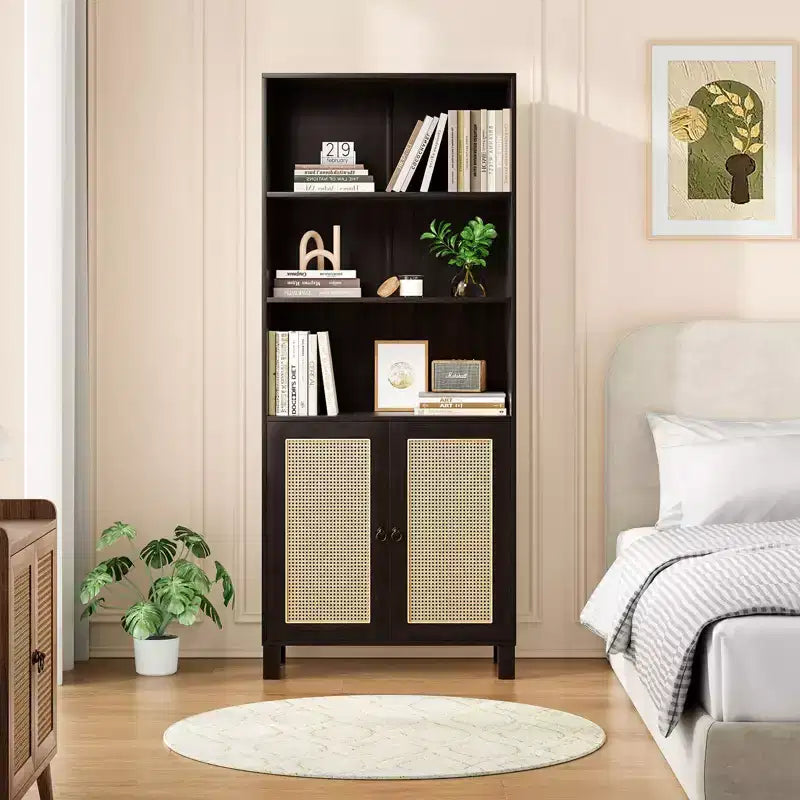 Bibliothèque haute à 5 étagères avec portes en rotin – Blanc, 180 cm H, pour bureau et chambre à coucher