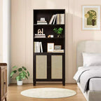 Bibliothèque haute à 5 étagères avec portes en rotin – Blanc, 180 cm H, pour bureau et chambre à coucher